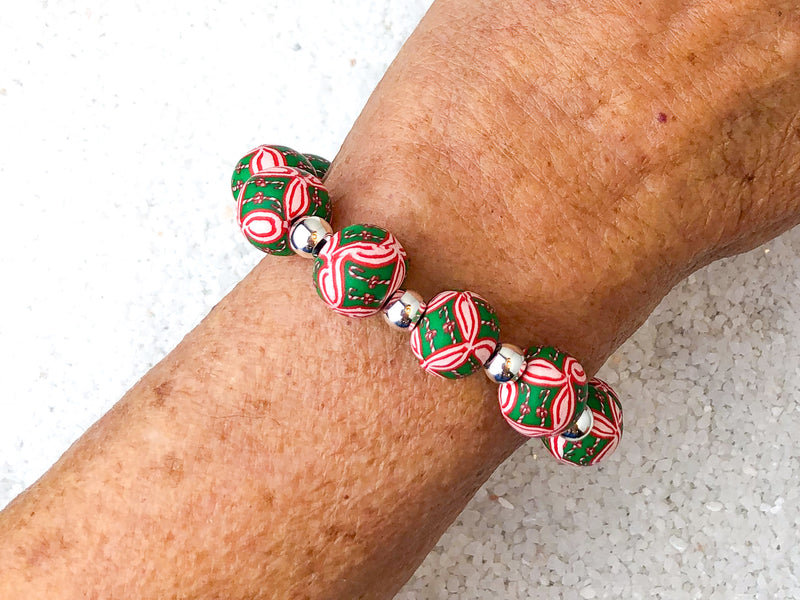 Christmas Large Bead Silver Rounds Bracelet & Earring Set