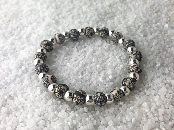 Inked Ivory Bracelet - Silver Plated Spacers and Beads Handmade from Clay - She Beads