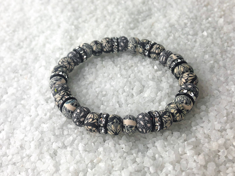 Inked Ivory Bracelet - Swarovski Crystal Spacers and Beads Handmade from Clay - She Beads